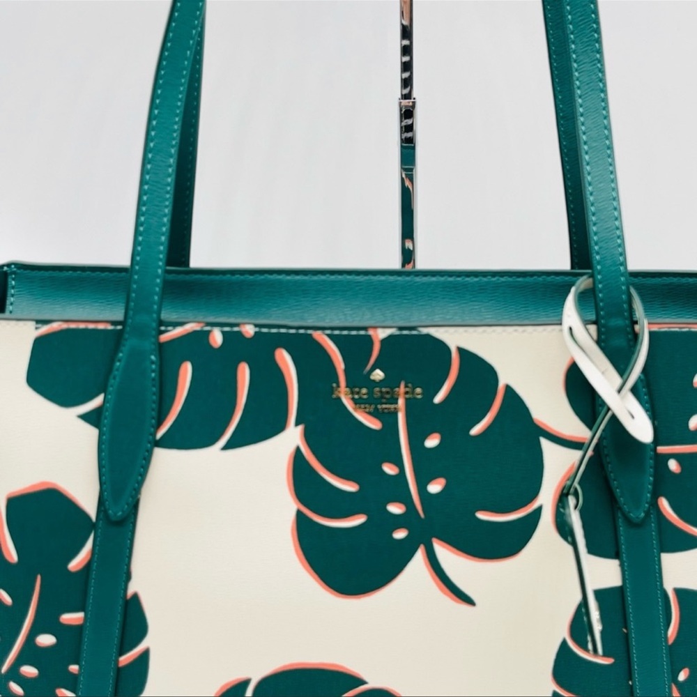 Kate Spade Cara Monstera Leaves Printed Refined Grain Leather Large Tote Bag - Picture 2 of 11